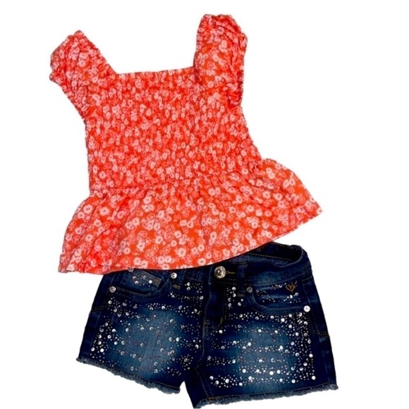 JUSTICE Premium Denim Rhinestone Jean Shorts with GAP Kids Elastic Shirred Top - Picture 1 of 9